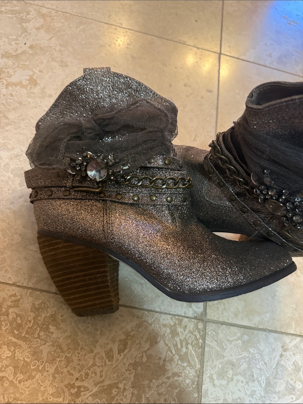 Women's Glitter Ankle Boots with Decorative Chains and Gem Accent -